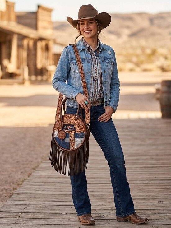 American Darling Handbags - American Darling Patchwork Boho Fringe Tooled Crossbody Canteen Bag